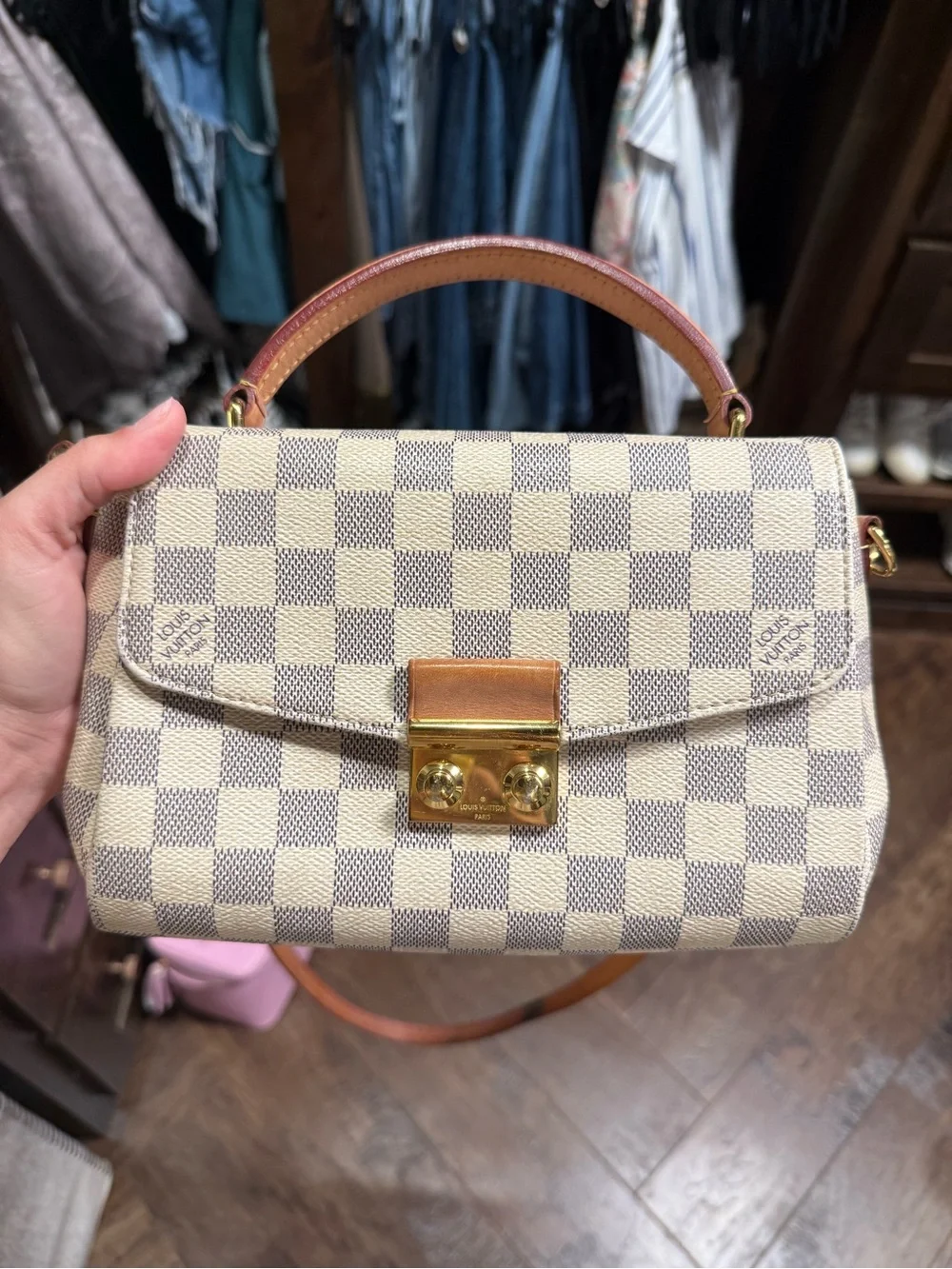 Authentic Louis Vuitton Cream Checkered Shoulder Bag with Brown Trim